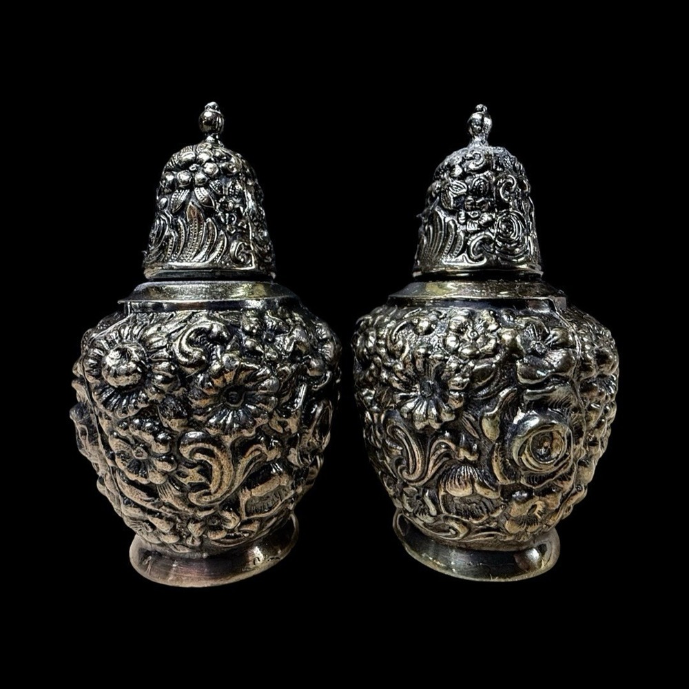 VTG Fancy Silver Plate Salt & Pepper Shakers W.B. Mfg Co. Floral Pair